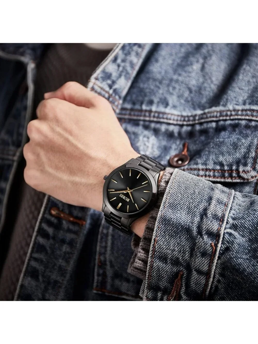 Men's Black And Gold Analog Quartz Stainless Steel Waterproof Round Luxury Watch